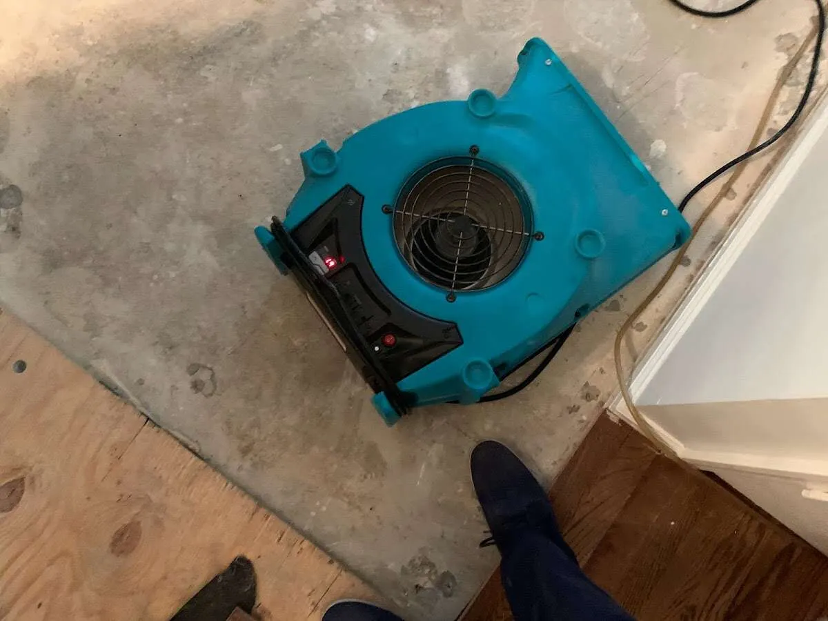 Air mover drying subfloor during Leak Detection & Repair in Tysons